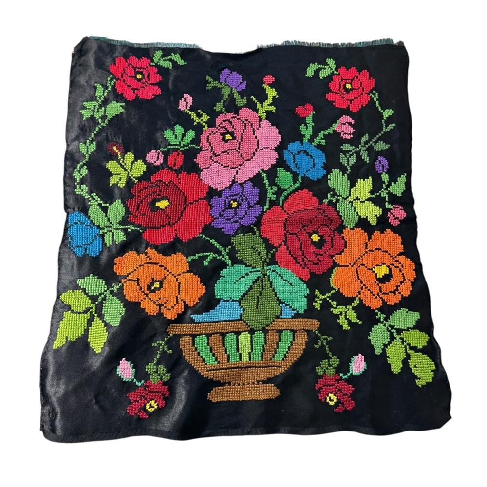 16” x 18” Vintage Handmade Cross-stitched Embroidery  Floral Tapestry Unframed